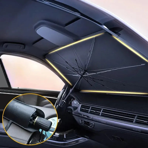 SolShade umbrella windshield sunshade deployed inside car